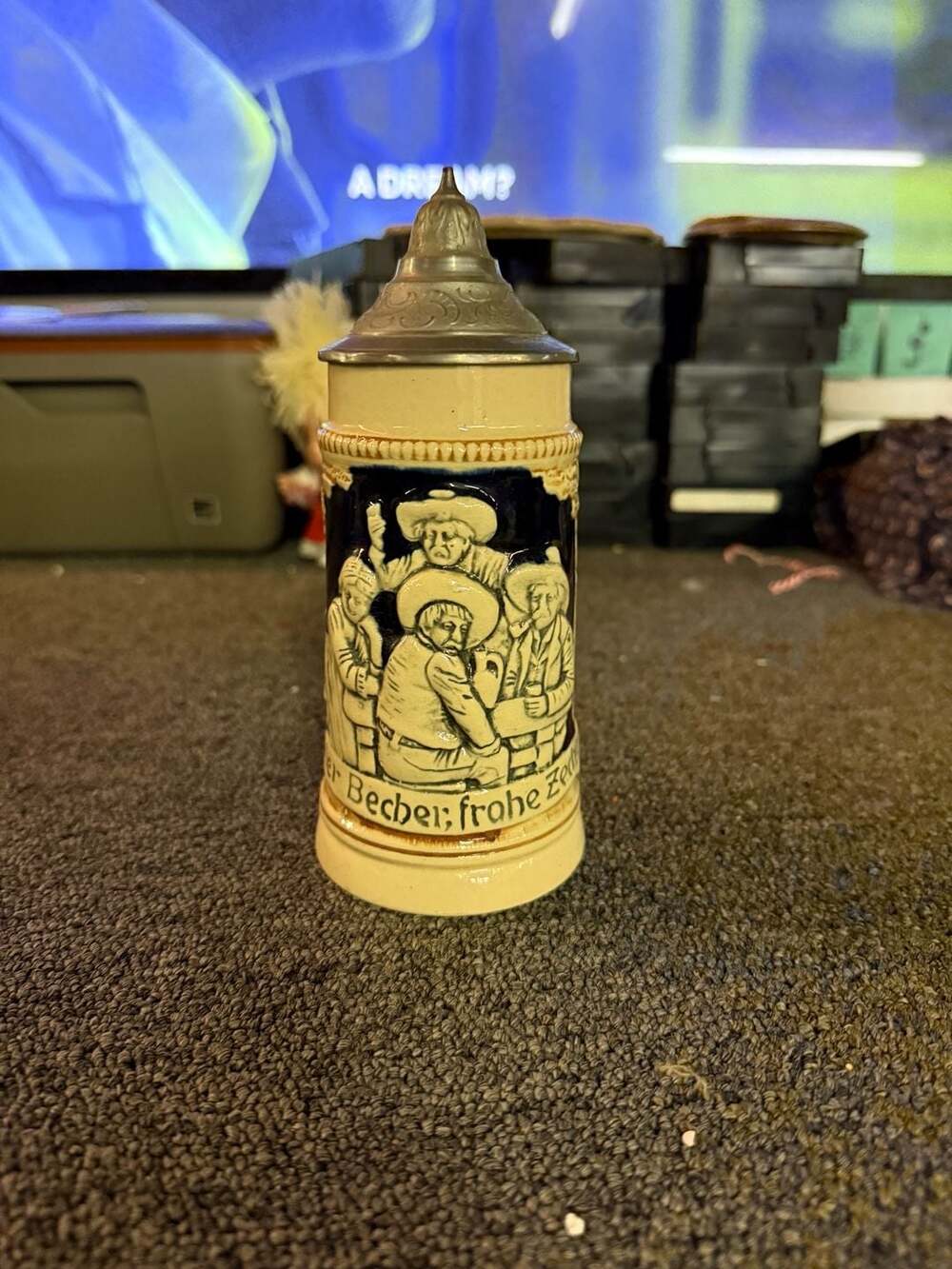 Vintage German Ceramic Beer Stein with Pewter Lid and Relief Detail